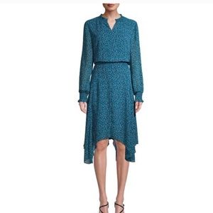 Time and Tru Handkerchief Blue Teal Aqua Floral Print Smocked Boho Midi Dress